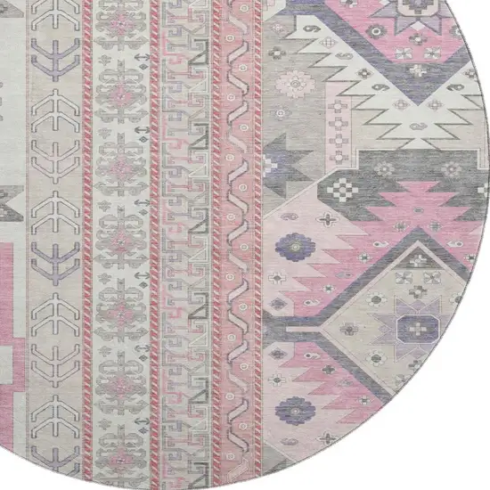 8' Pink Ivory And Gray Southwestern Washable Round Rug With UV Protection Photo 2