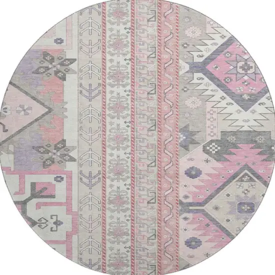 8' Pink Ivory And Gray Southwestern Washable Round Rug With UV Protection Photo 3