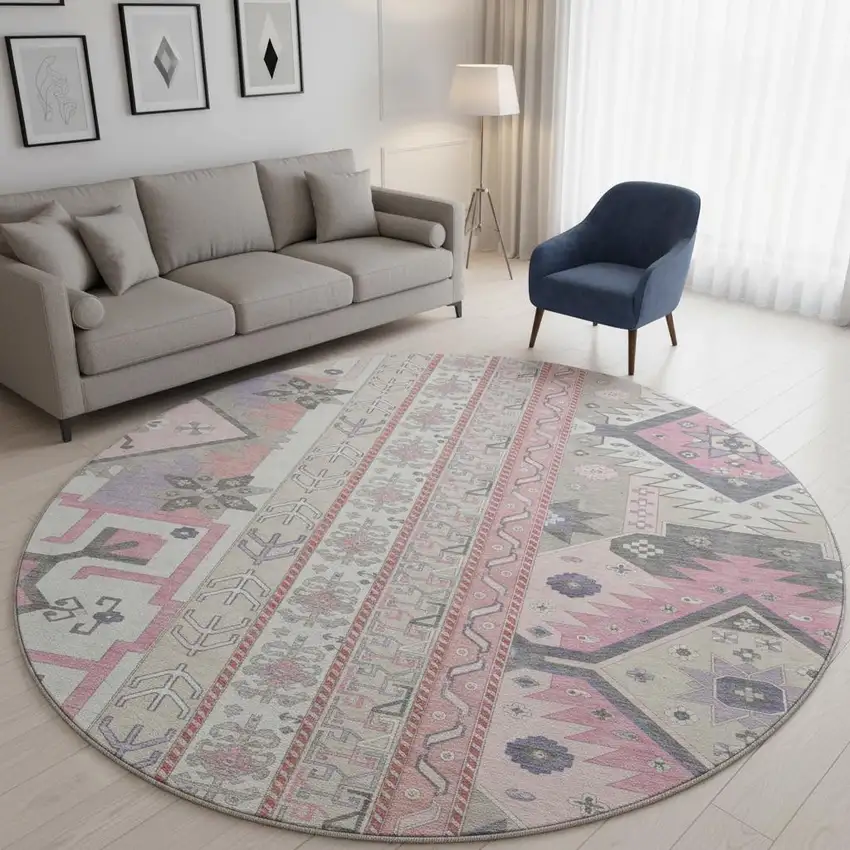 8' Pink Ivory And Gray Southwestern Washable Round Rug With UV Protection Photo 2