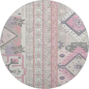 Photo of 8' Pink Ivory And Gray Southwestern Washable Round Rug With UV Protection