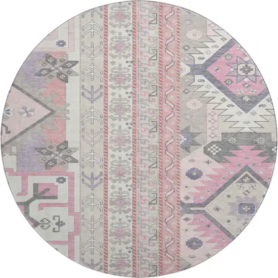 8' Pink Ivory And Gray Southwestern Washable Round Rug With UV Protection Photo 1