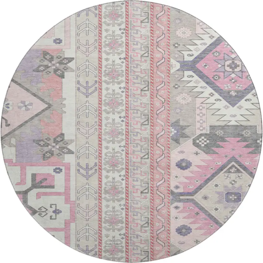 8' Pink Ivory And Gray Southwestern Washable Round Rug With UV Protection Photo 1