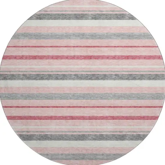 8' Pink Ivory And Gray Striped Washable Round Rug With UV Protection Photo 4