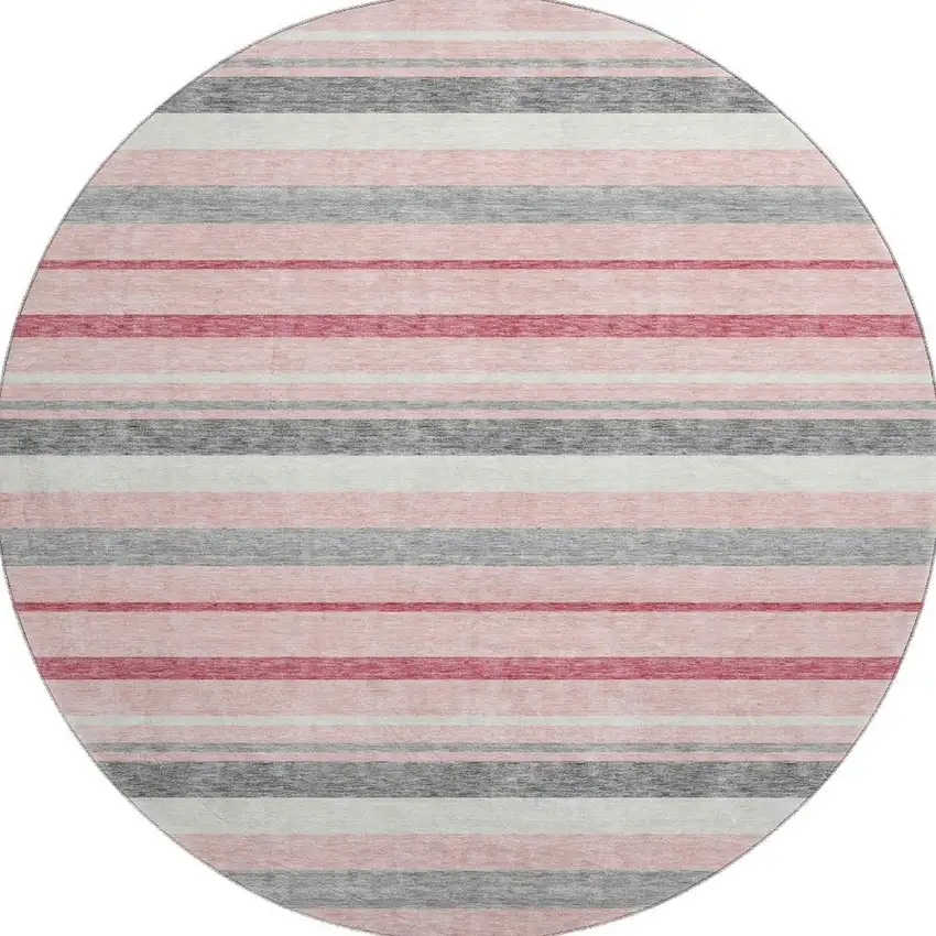 8' Pink Ivory And Gray Striped Washable Round Rug With UV Protection Photo 4