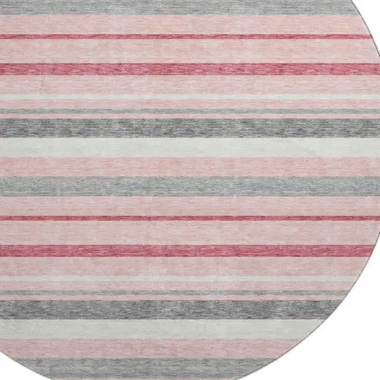 8' Pink Ivory And Gray Striped Washable Round Rug With UV Protection Photo 3