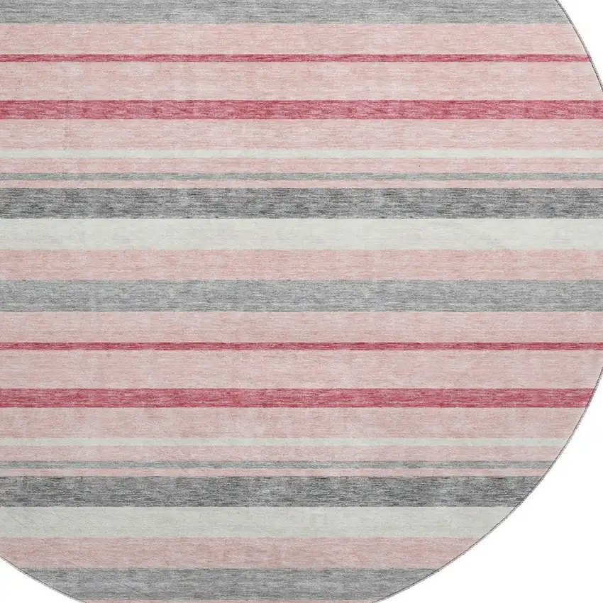 8' Pink Ivory And Gray Striped Washable Round Rug With UV Protection Photo 3