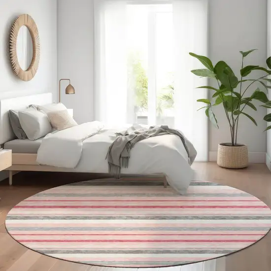 8' Pink Ivory And Gray Striped Washable Round Rug With UV Protection Photo 5