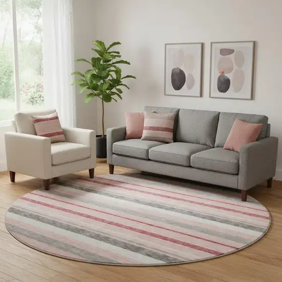 8' Pink Ivory And Gray Striped Washable Round Rug With UV Protection Photo 1