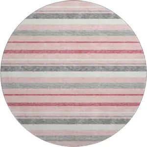 Photo of 8' Pink Ivory And Gray Striped Washable Round Rug With UV Protection