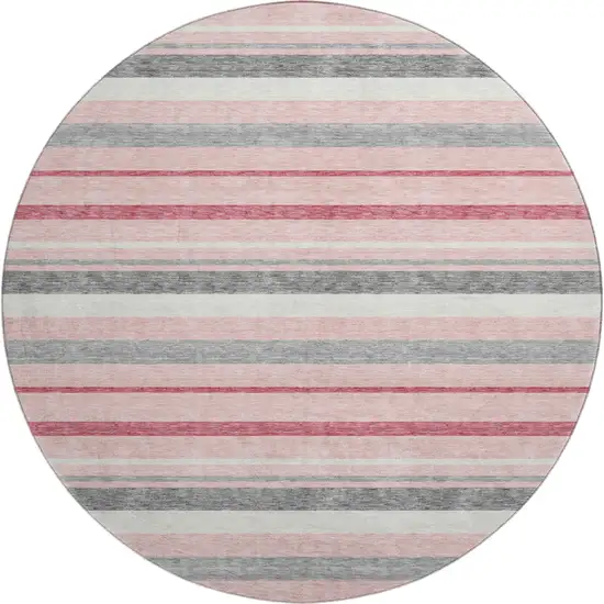8' Pink Ivory And Gray Striped Washable Round Rug With UV Protection Photo 1
