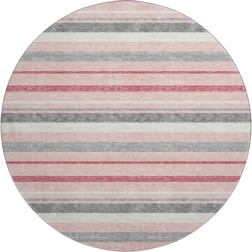 8' Pink Ivory And Gray Striped Washable Round Rug With UV Protection Photo 1