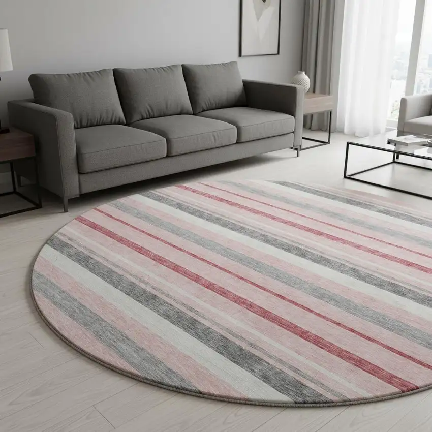8' Pink Ivory And Gray Striped Washable Round Rug With UV Protection Photo 2