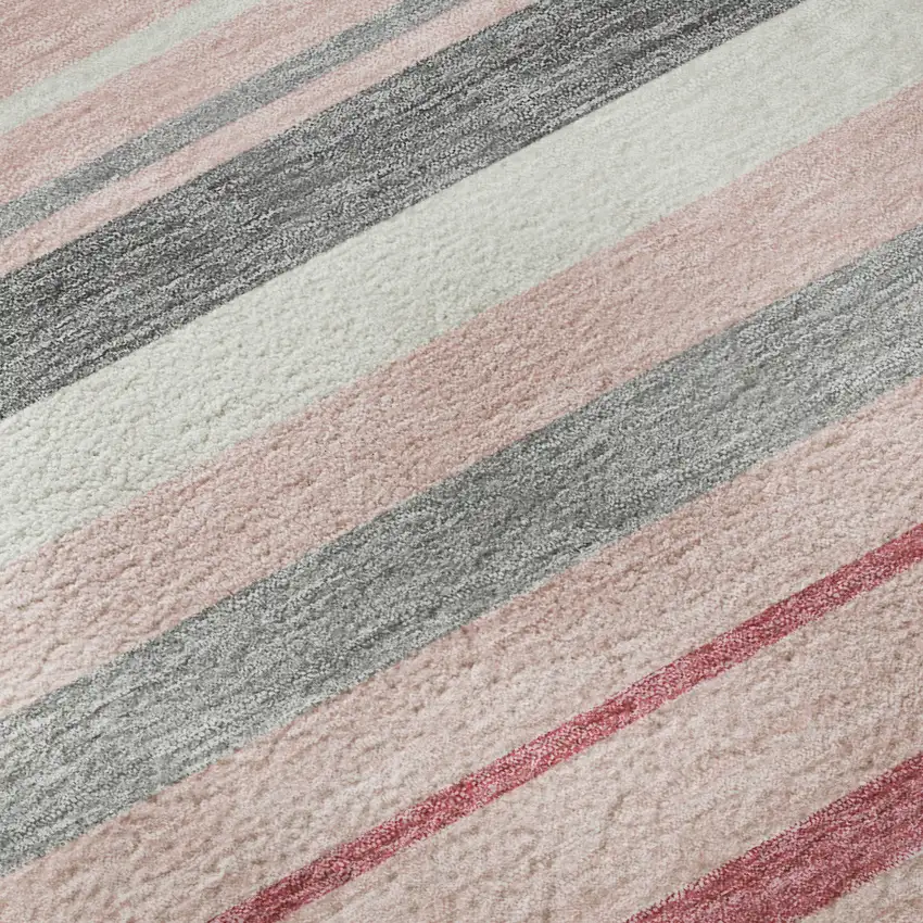 8' Pink Ivory And Gray Striped Washable Round Rug With UV Protection Photo 9