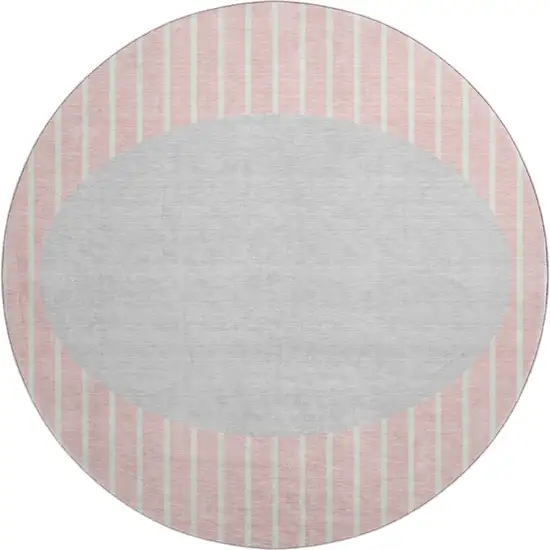 8' Pink Ivory And Gray Striped Washable Round Rug With UV Protection Photo 1