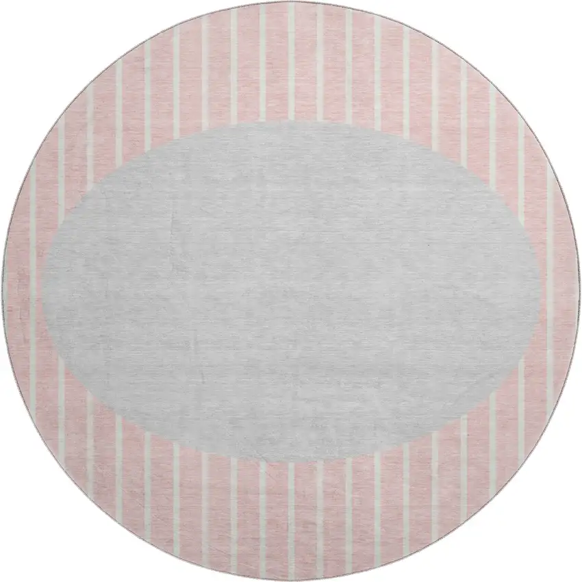 8' Pink Ivory And Gray Striped Washable Round Rug With UV Protection Photo 1