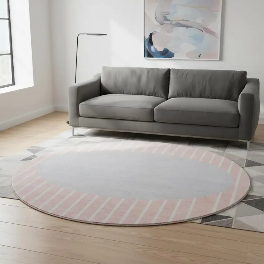 8' Pink Ivory And Gray Striped Washable Round Rug With UV Protection Photo 2