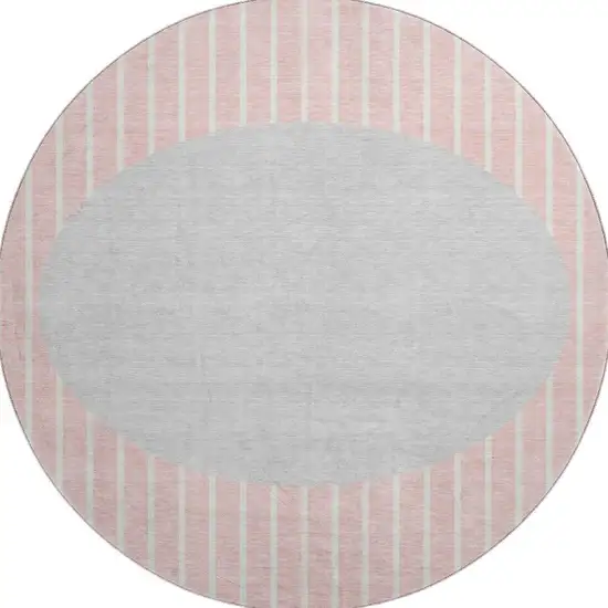 8' Pink Ivory And Gray Striped Washable Round Rug With UV Protection Photo 3