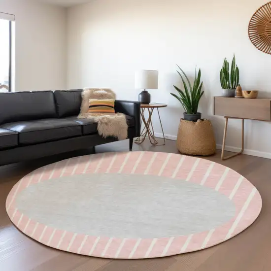 8' Pink Ivory And Gray Striped Washable Round Rug With UV Protection Photo 4