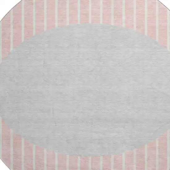 8' Pink Ivory And Gray Striped Washable Round Rug With UV Protection Photo 2