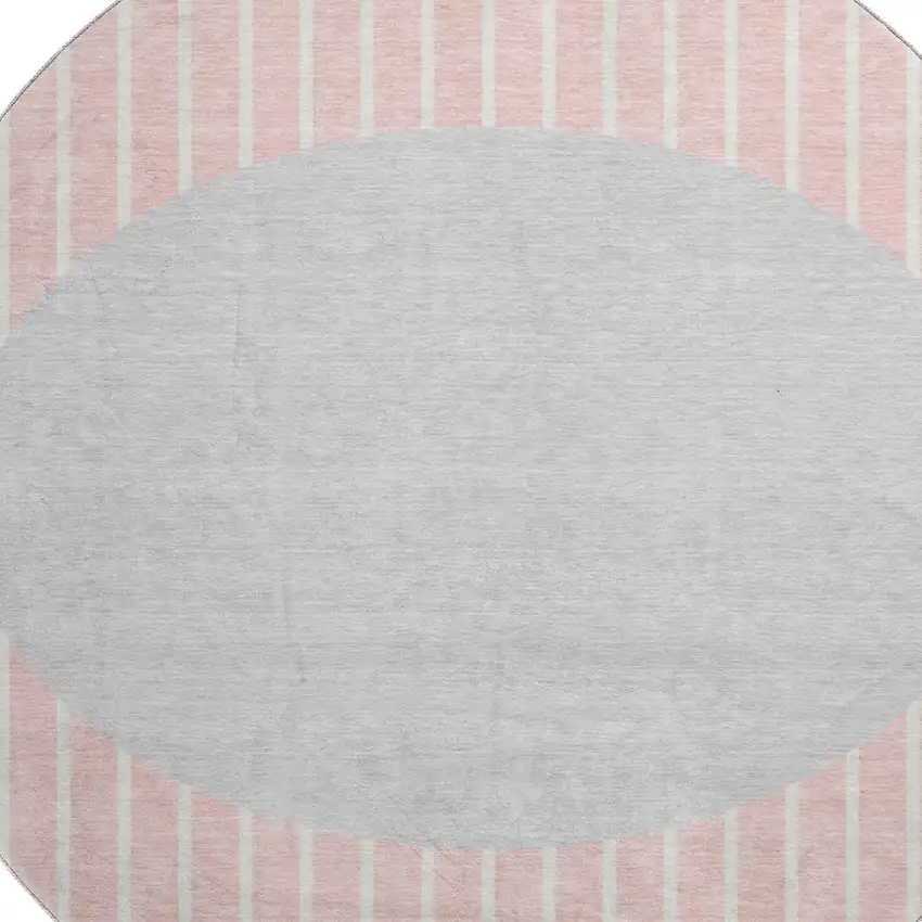 8' Pink Ivory And Gray Striped Washable Round Rug With UV Protection Photo 2