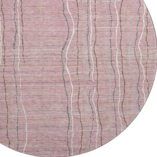 8' Pink Ivory And Gray Striped Washable Round Rug With UV Protection Photo 2