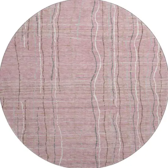 8' Pink Ivory And Gray Striped Washable Round Rug With UV Protection Photo 3