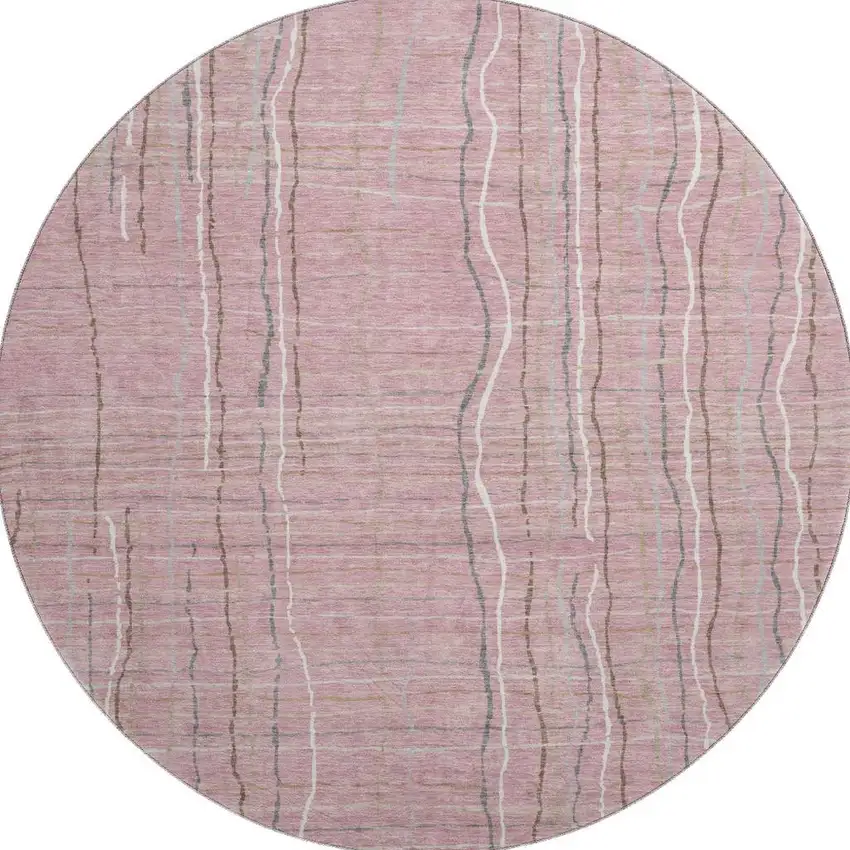 8' Pink Ivory And Gray Striped Washable Round Rug With UV Protection Photo 3