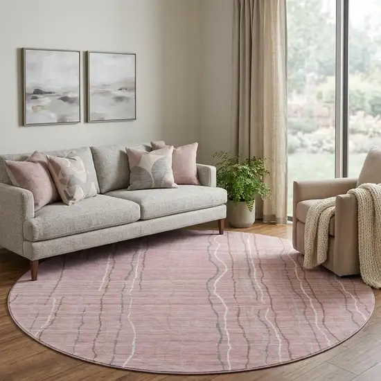 8' Pink Ivory And Gray Striped Washable Round Rug With UV Protection Photo 1