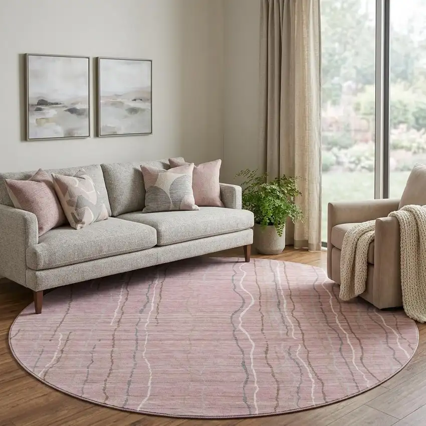 8' Pink Ivory And Gray Striped Washable Round Rug With UV Protection Photo 1