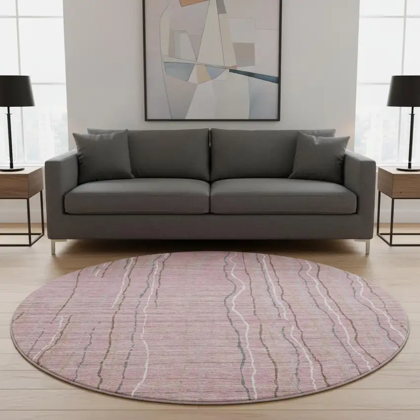 8' Pink Ivory And Gray Striped Washable Round Rug With UV Protection Photo 2