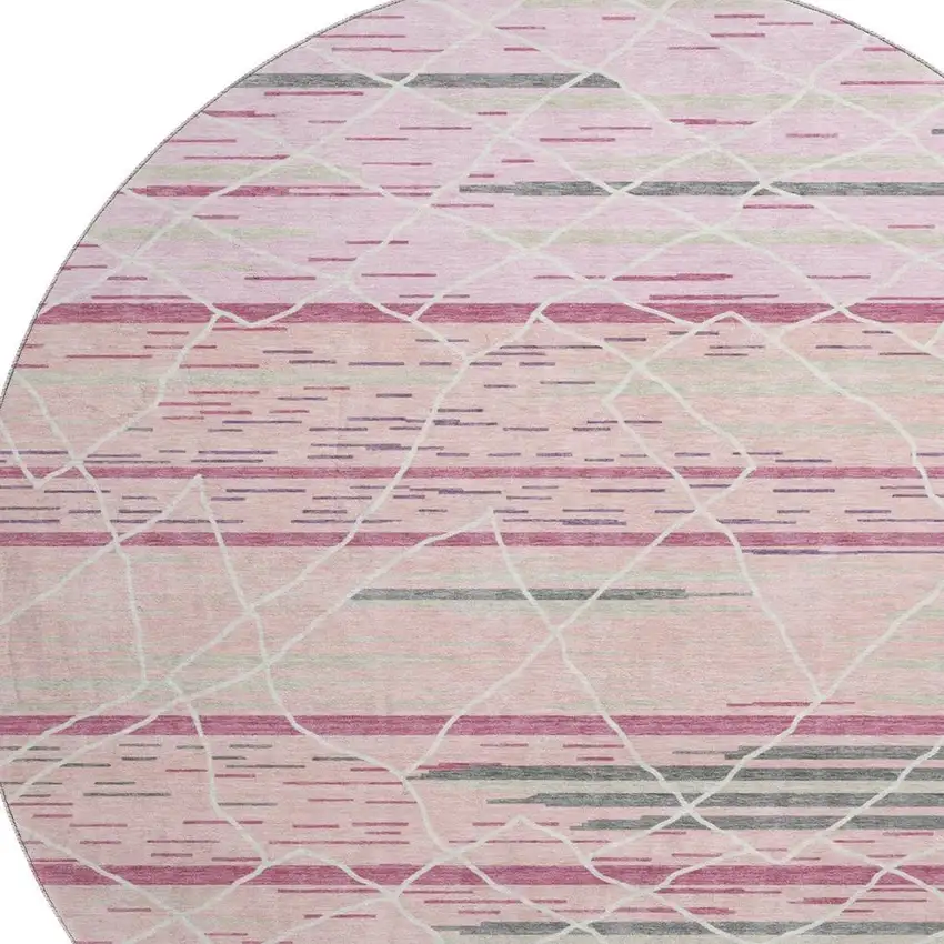 8' Pink Ivory And Gray Striped Washable Round Rug With UV Protection Photo 2