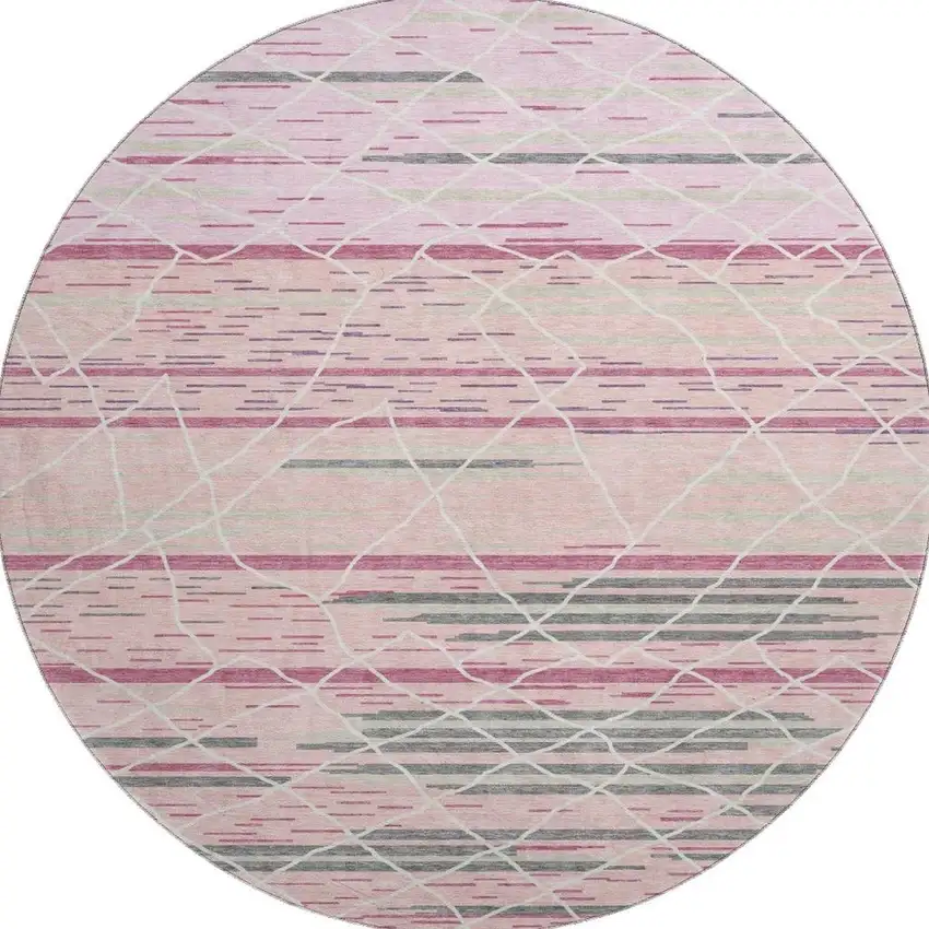8' Pink Ivory And Gray Striped Washable Round Rug With UV Protection Photo 3