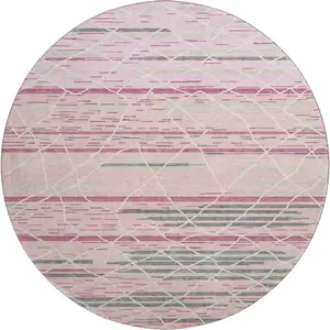 Photo of 8' Pink Ivory And Gray Striped Washable Round Rug With UV Protection