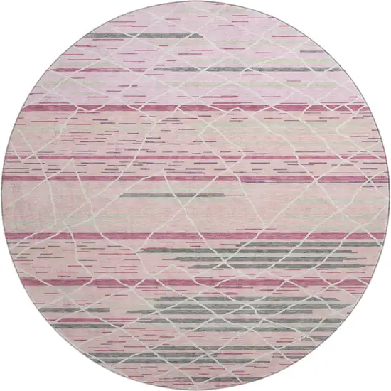 8' Pink Ivory And Gray Striped Washable Round Rug With UV Protection Photo 1