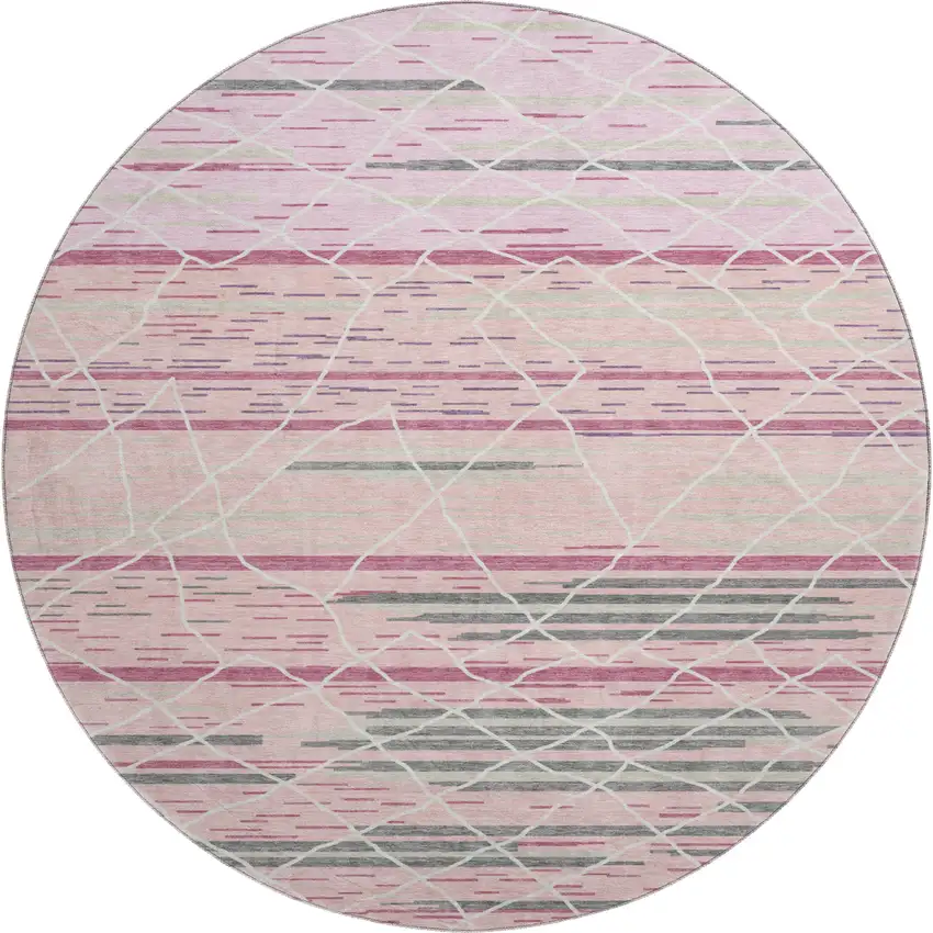 8' Pink Ivory And Gray Striped Washable Round Rug With UV Protection Photo 1