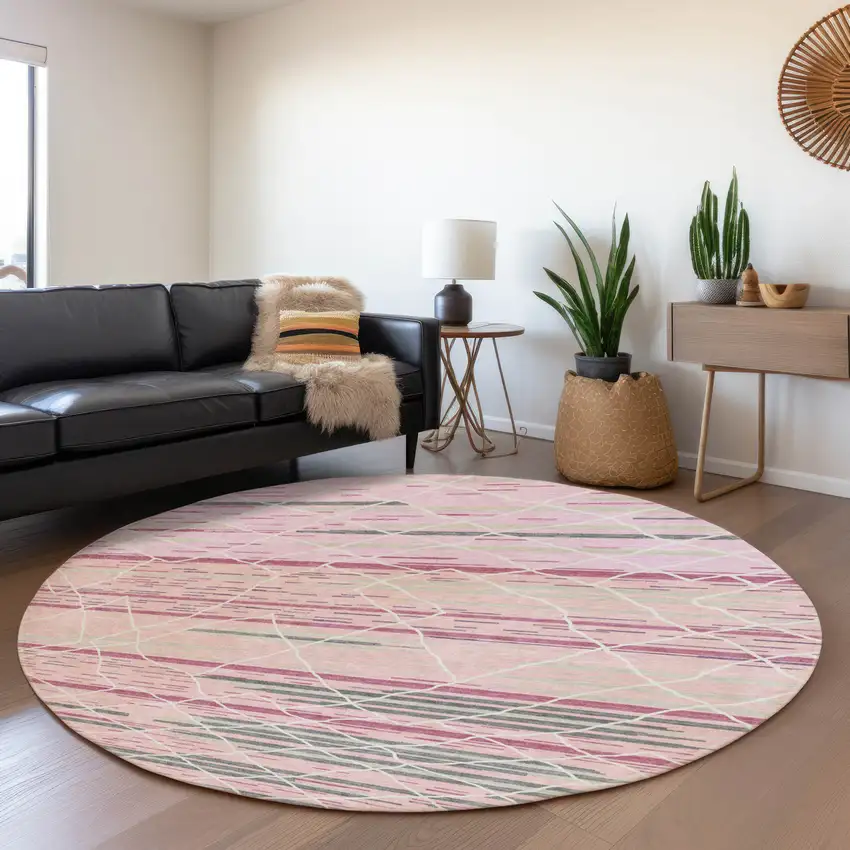 8' Pink Ivory And Gray Striped Washable Round Rug With UV Protection Photo 4