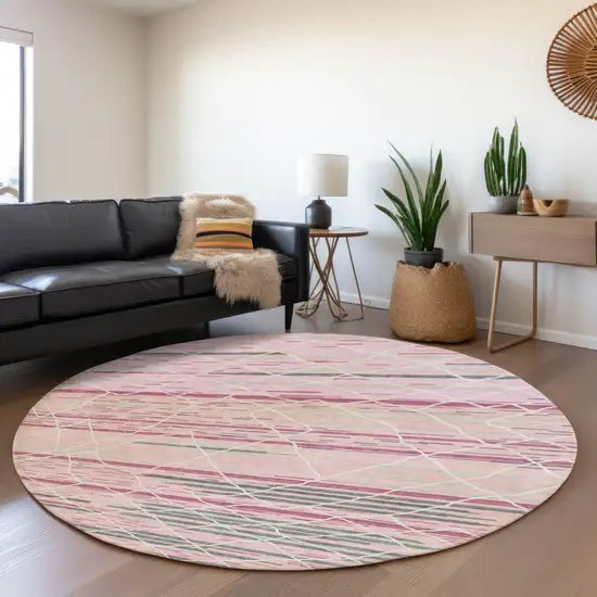 8' Pink Ivory And Gray Striped Washable Round Rug With UV Protection Photo 4