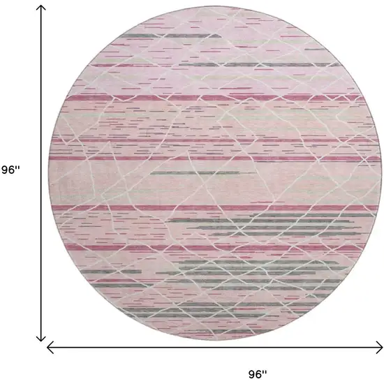 8' Pink Ivory And Gray Striped Washable Round Rug With UV Protection Photo 9