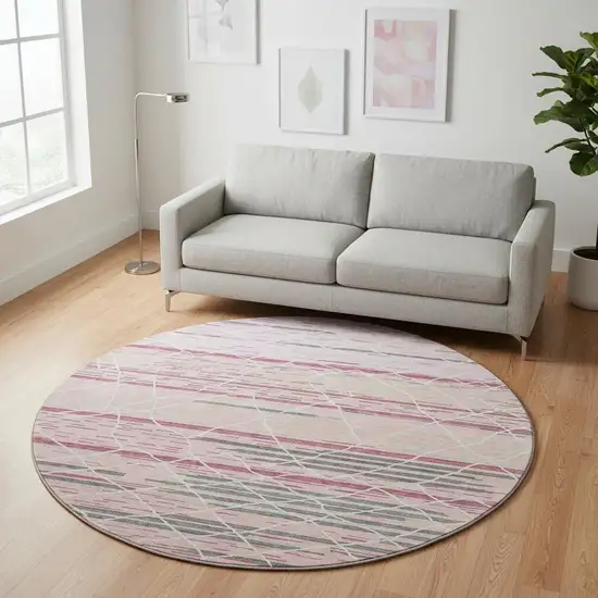 8' Pink Ivory And Gray Striped Washable Round Rug With UV Protection Photo 2