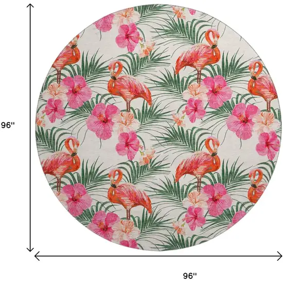 8' Pink Ivory And Green Geometric Washable Round Rug With UV Protection Photo 3