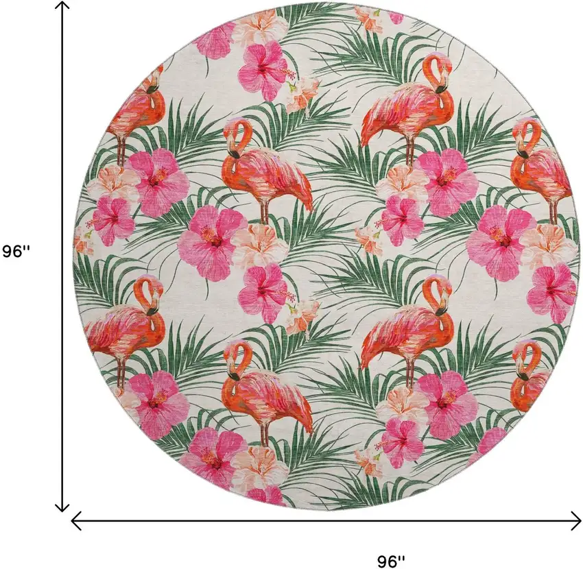 8' Pink Ivory And Green Geometric Washable Round Rug With UV Protection Photo 3