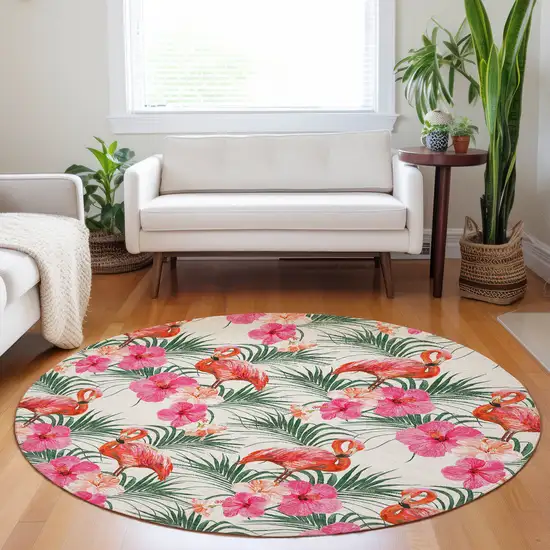 8' Pink Ivory And Green Geometric Washable Round Rug With UV Protection Photo 6