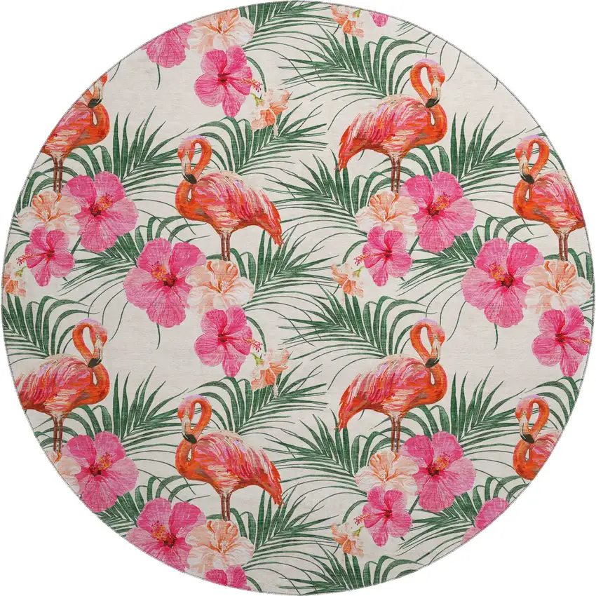 8' Pink Ivory And Green Geometric Washable Round Rug With UV Protection Photo 2