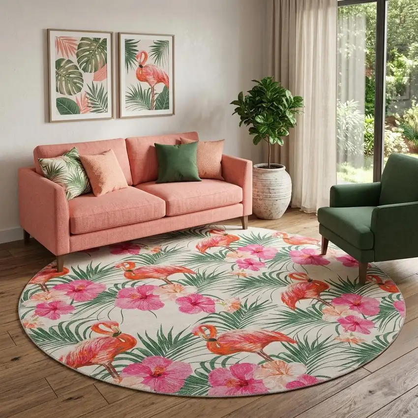 8' Pink Ivory And Green Geometric Washable Round Rug With UV Protection Photo 1