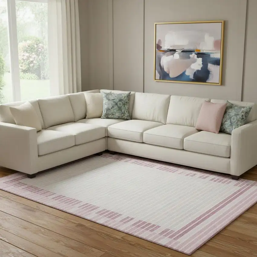 8' Pink Ivory And Mauve Striped Washable Area Rug With UV Protection Photo 2