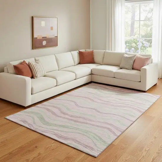 8' Pink Ivory And Mint Green Striped Washable Area Rug With UV Protection Photo 2