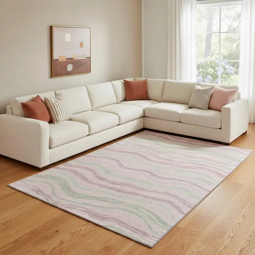 8' Pink Ivory And Mint Green Striped Washable Area Rug With UV Protection Photo 2