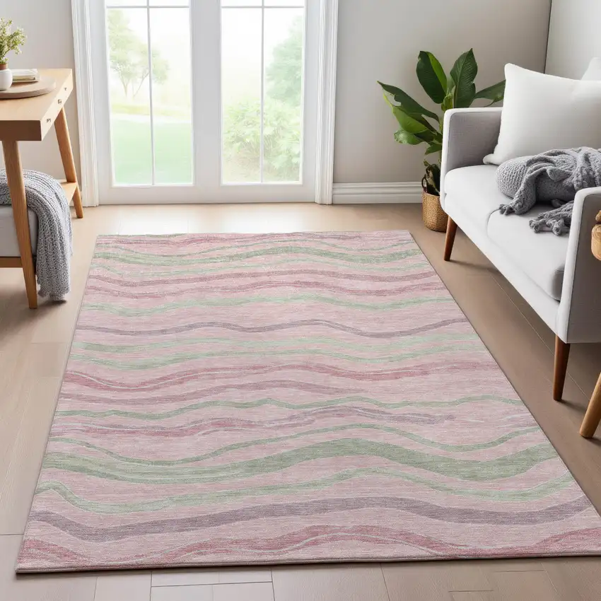 8' Pink Ivory And Mint Green Striped Washable Area Rug With UV Protection Photo 5