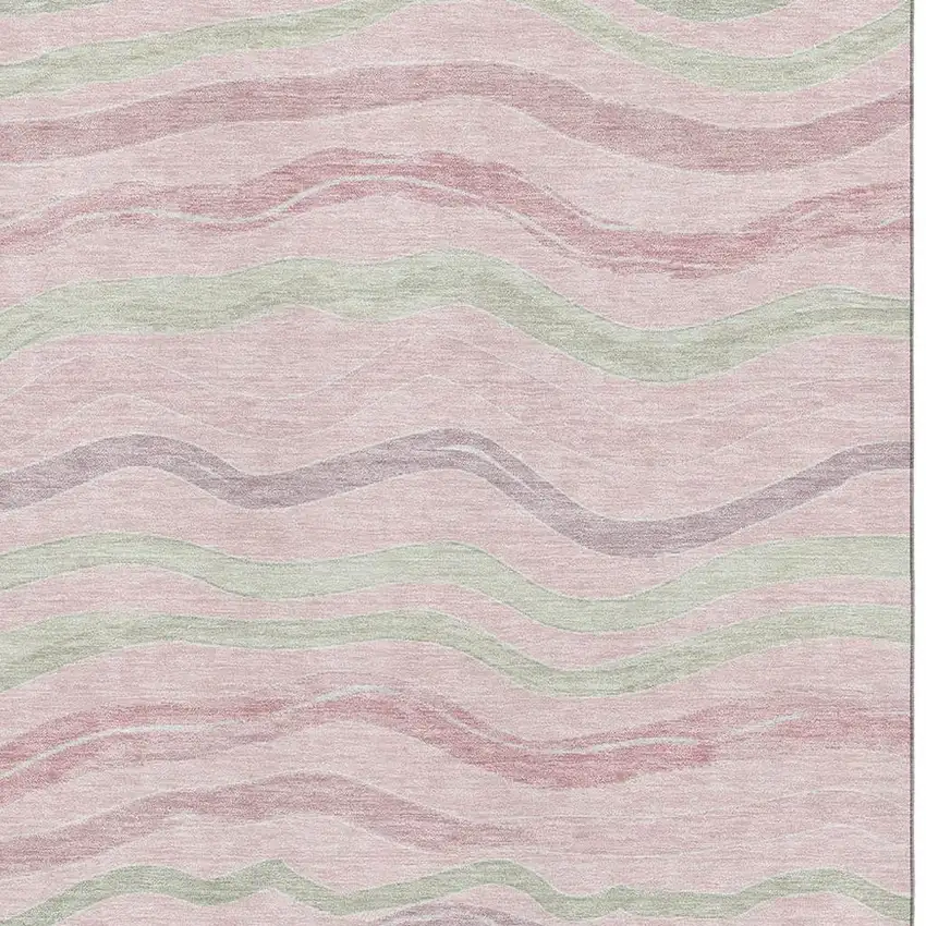 8' Pink Ivory And Mint Green Striped Washable Area Rug With UV Protection Photo 2