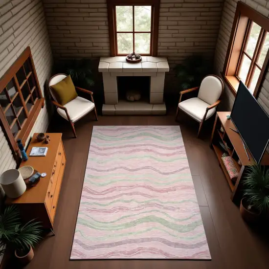 8' Pink Ivory And Mint Green Striped Washable Area Rug With UV Protection Photo 4